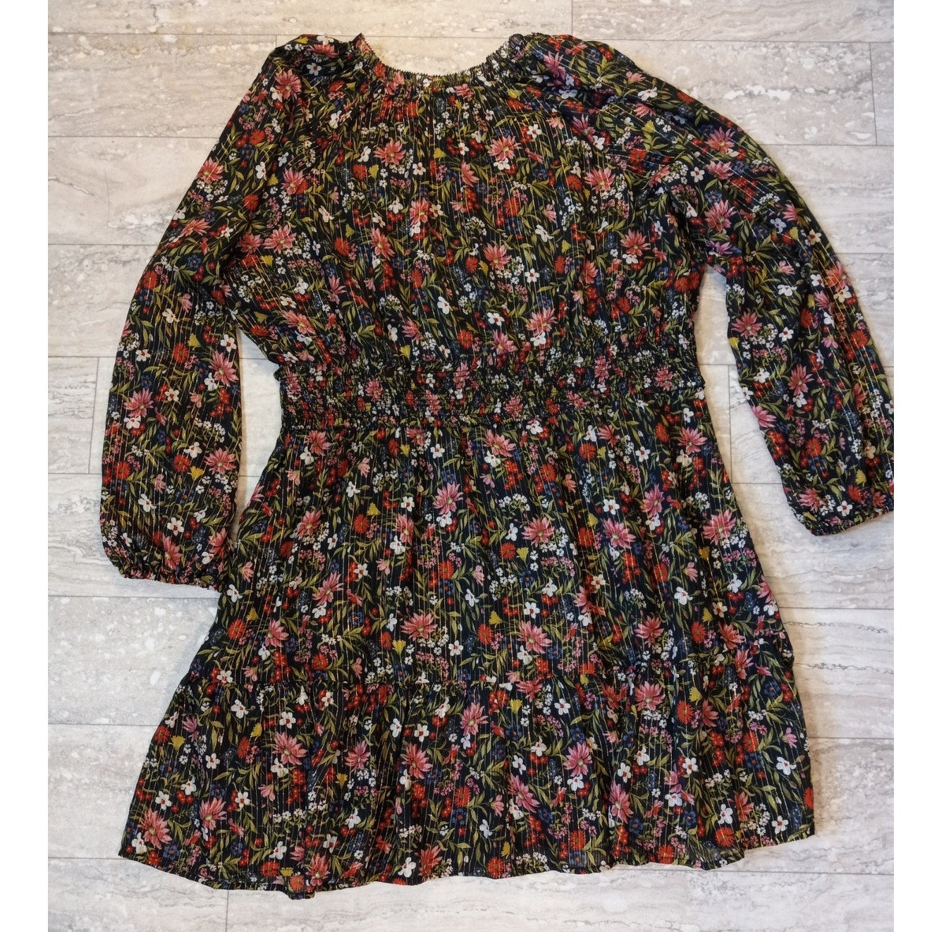 NWT Old Navy black floral print ruched waist long puff sleeve mini dress SIZE XL