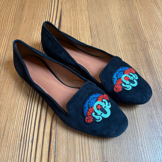 Rebecca Minkoff black suede Aries embroidered slip on flat SIZE 9