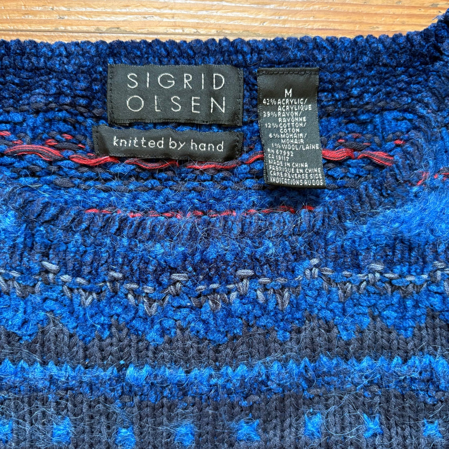 Sigrid Olsen mohair blend royal blue red hand knit crew sweater SIZE M