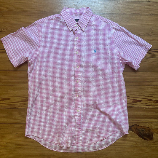 Ralph Lauren pink white check seersucker short sleeve button up shirt SIZE L