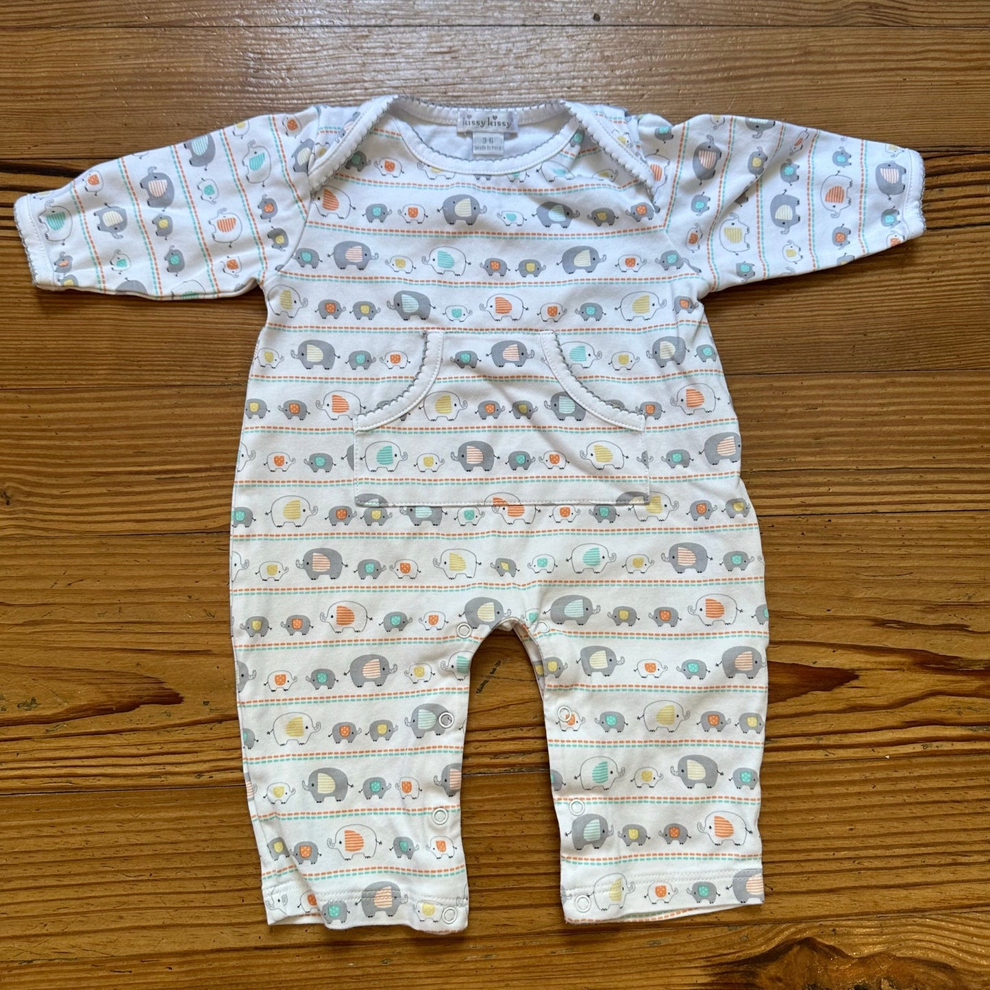Kissy Kissy white striped elephant printed pocket front one piece SIZE 3-6M