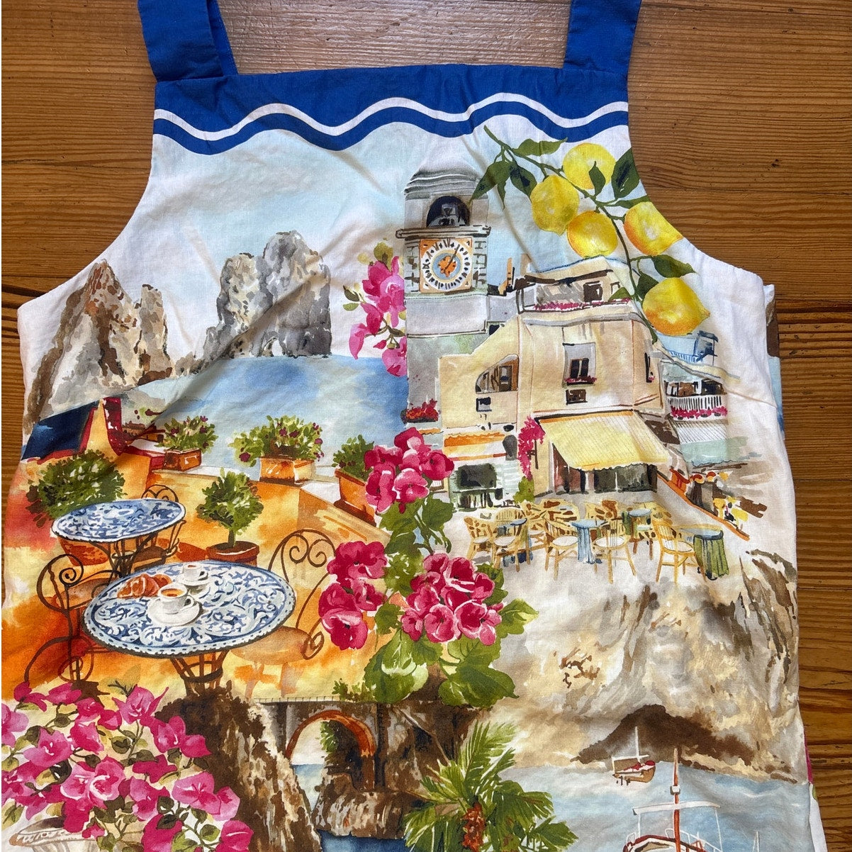 Talbots white blue trim coastal scene linen cotton shift dress SIZE 18