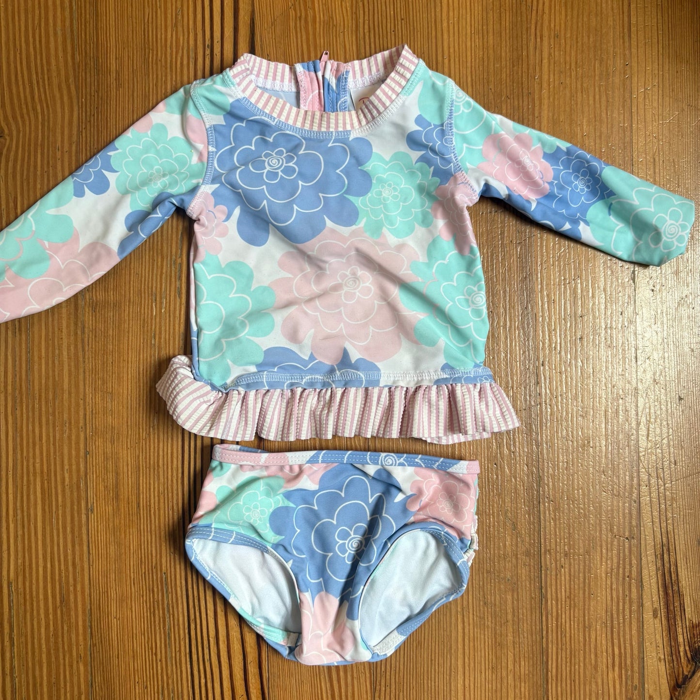 Ruffle Butts blue green florals two piece rashguard baby swimsuit SIZE 12-18M