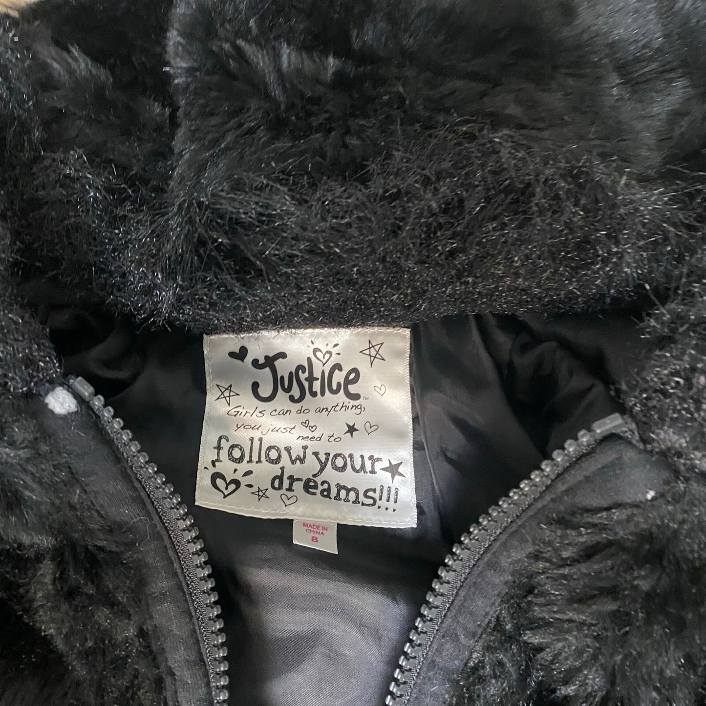 Justice black fuzzy hooded full zip coat SIZE 8