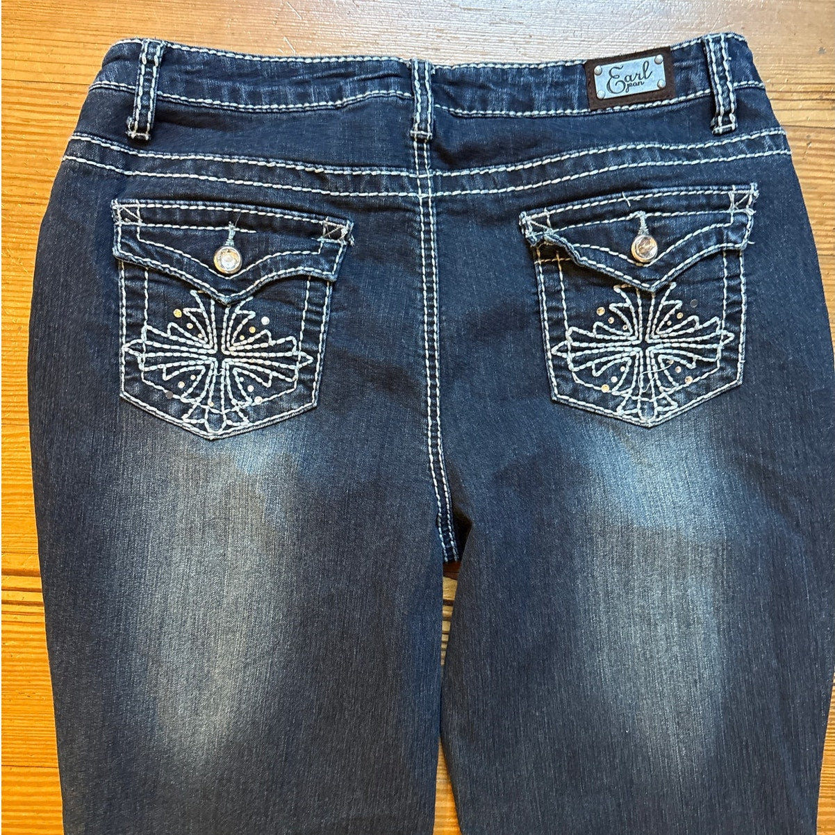 Earl Jean dark wash embroidered jeweled pocket boot cut mid rise jeans SIZE 12