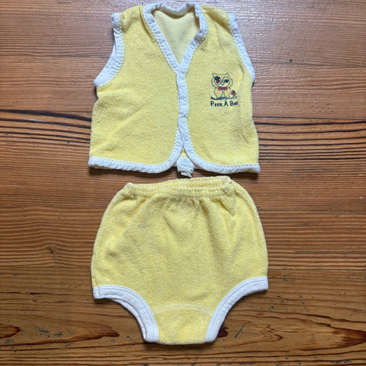 Vintage yellow white terry cloth owl peek a boo snap vest shorts set SIZE 6-9M