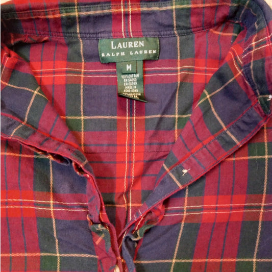 Ralph Lauren red blue plaid ruffle long sleeve wormens button up shirt SIZE M