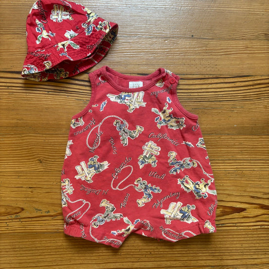 Gap vintage red western cowboy graphic matching hat one piece romper SIZE 3-6M