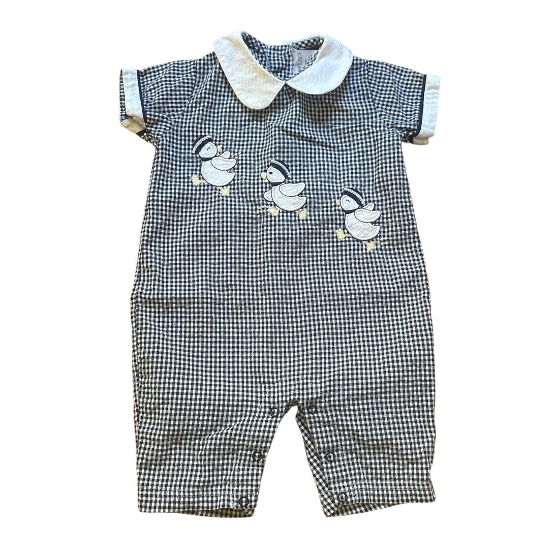 Baby Place VTG black checkered collar duck embroidered one piece SIZE 3-6M
