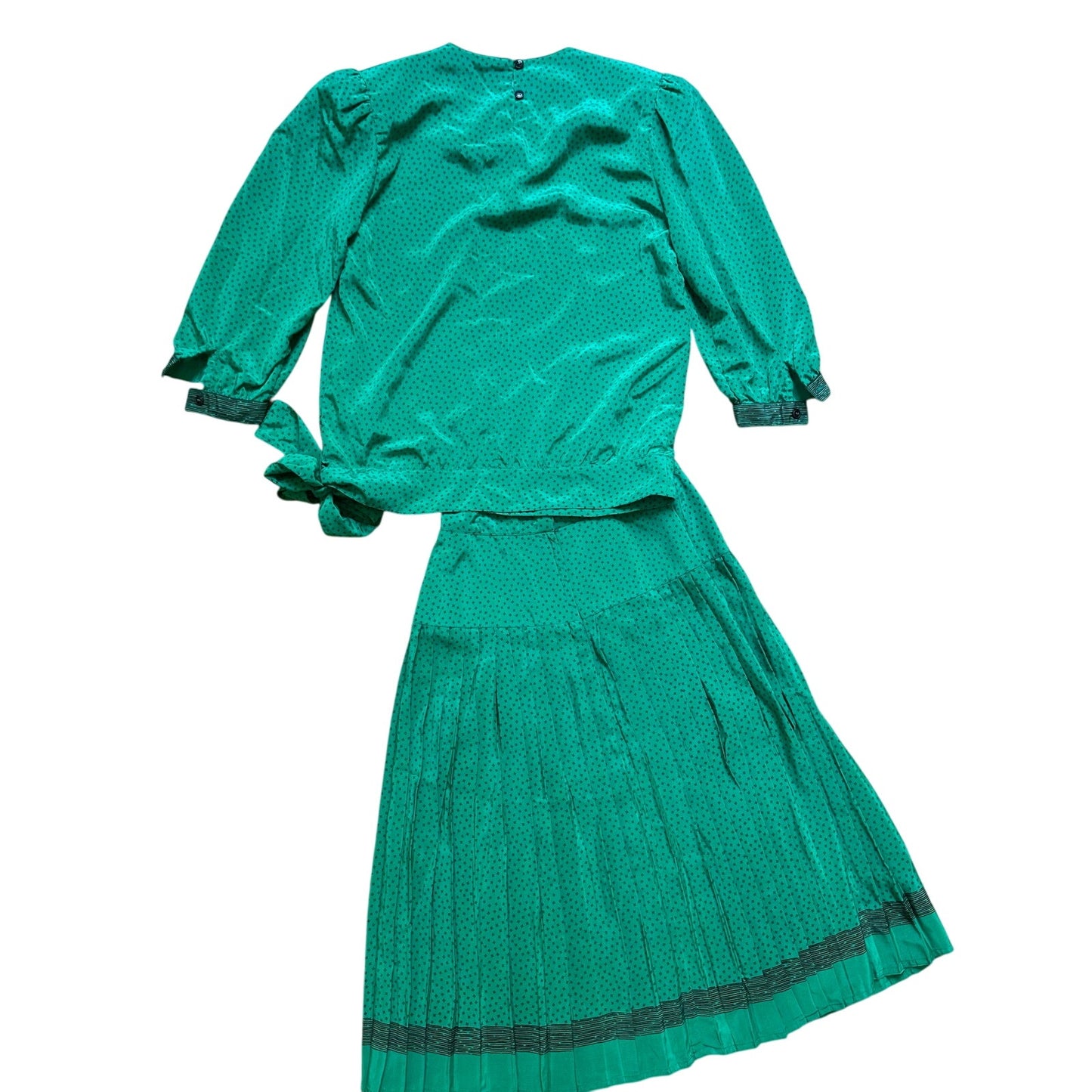 Petites for Maggy vtg green bubble sleeve shirt midi pleated skirt set SIZE 6