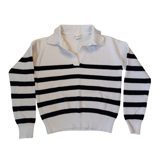 Marled white knit black striped collar rugby pullover sweater SIZE M