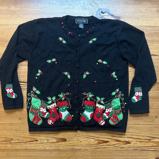 Terazzo black Christmas knit cardigan stocking mistletoe sweater SIZE M