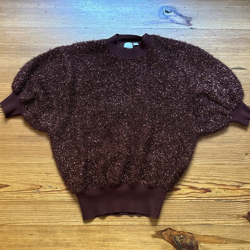 Anthropologie Maeve Violetta brown short sleeve tinsel open back sweater SIZE M