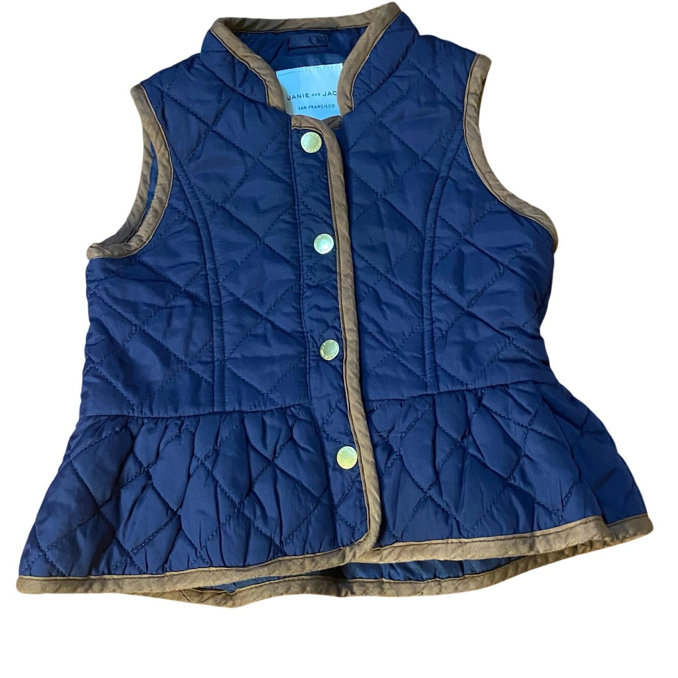 Janie and Jack dark blue quilted brown trim peplum snap vest SIZE 12-18M