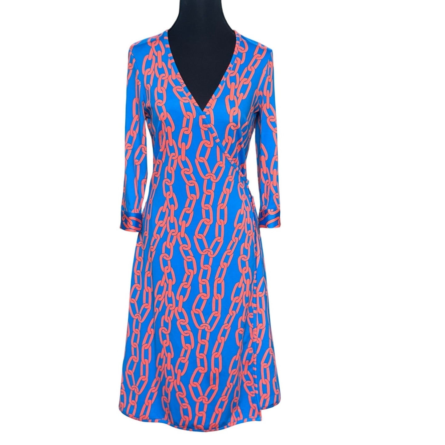 JB by Julie Brown blue orange chain link long sleeve midi wrap dress SIZE S