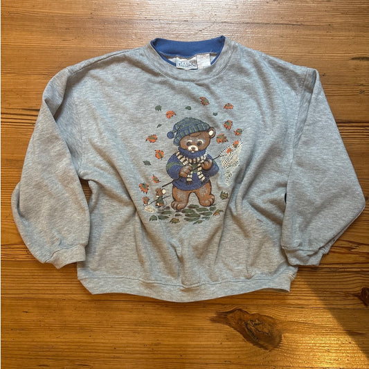VTG Basic Editions gray bear fall leaves cozy womens crew sweatshirt SIZE M