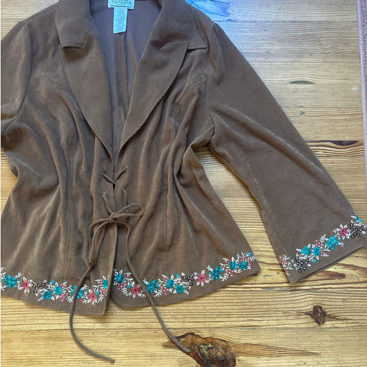 Venezia faux suede leather embroidered bell sleeve tie front jacket SIZE 22
