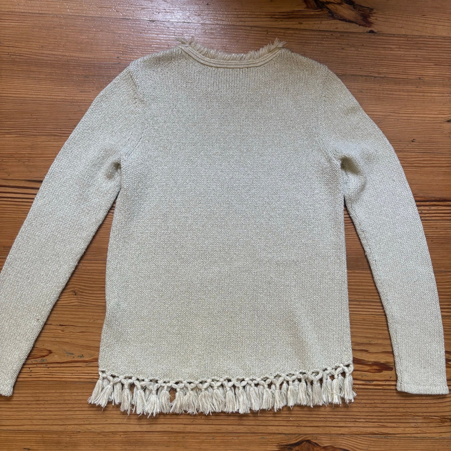 J. McLaughlin gold threaded tan tassel hem crew knit sweater SIZE S