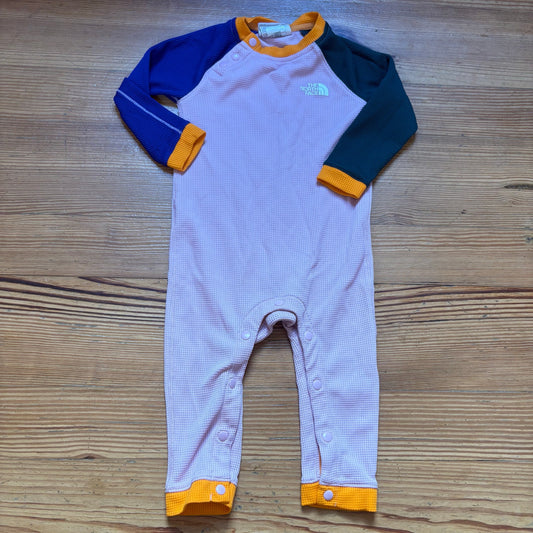 The North Face pink green blue waffle knit long sleeve pant bodysuit SIZE 12-18M