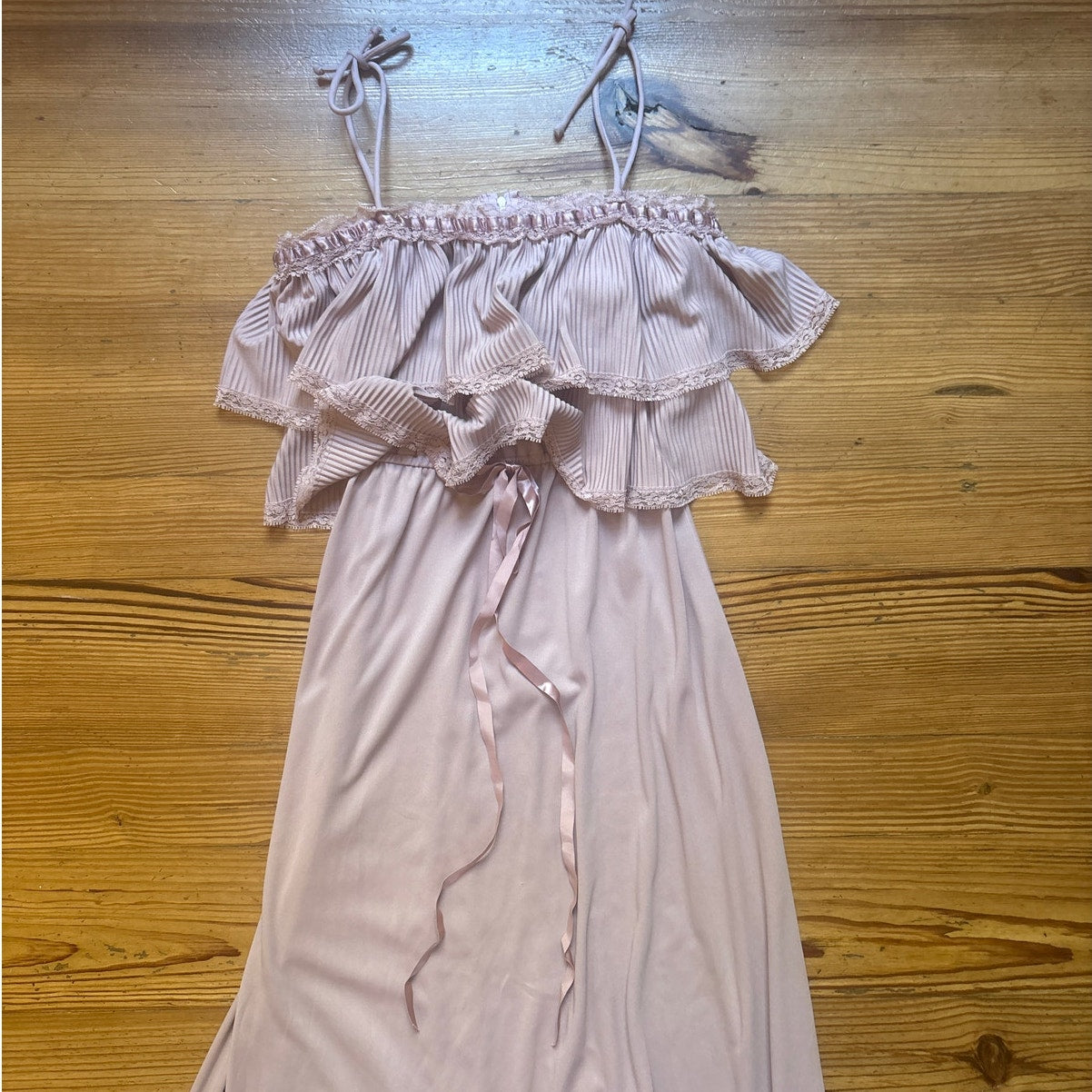 NWT Vicky Vaughn vintage blush pink lace ruffle top tie strap maxi dress SIZE 7