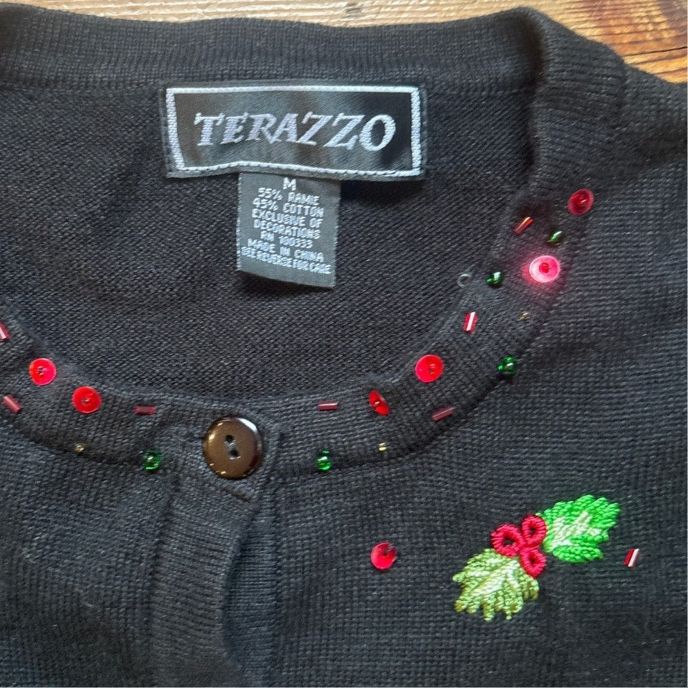 Terazzo black Christmas knit cardigan stocking mistletoe sweater SIZE M