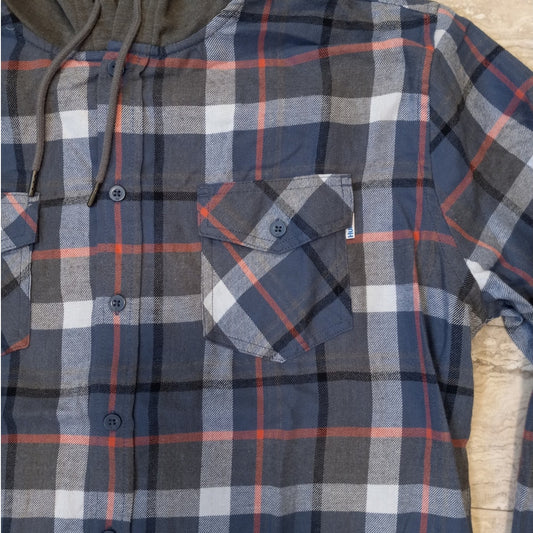 Hurley blue gray plaid hooded button up long sleeve shirt SIZE L
