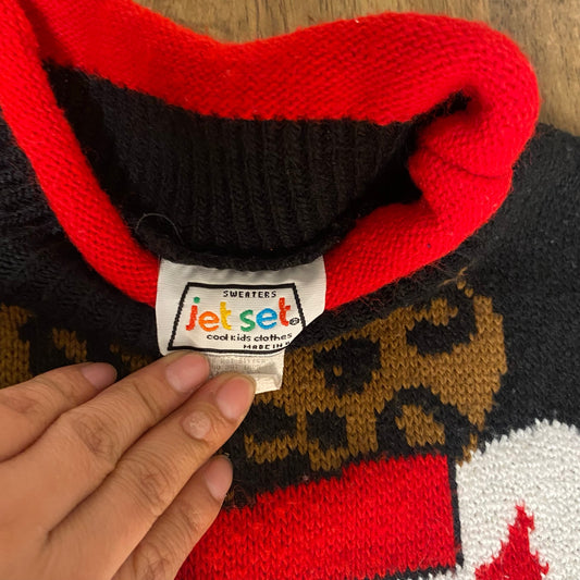 VTG Jet Set black white dog cheetah knit girls pullover sweater SIZE 7/8