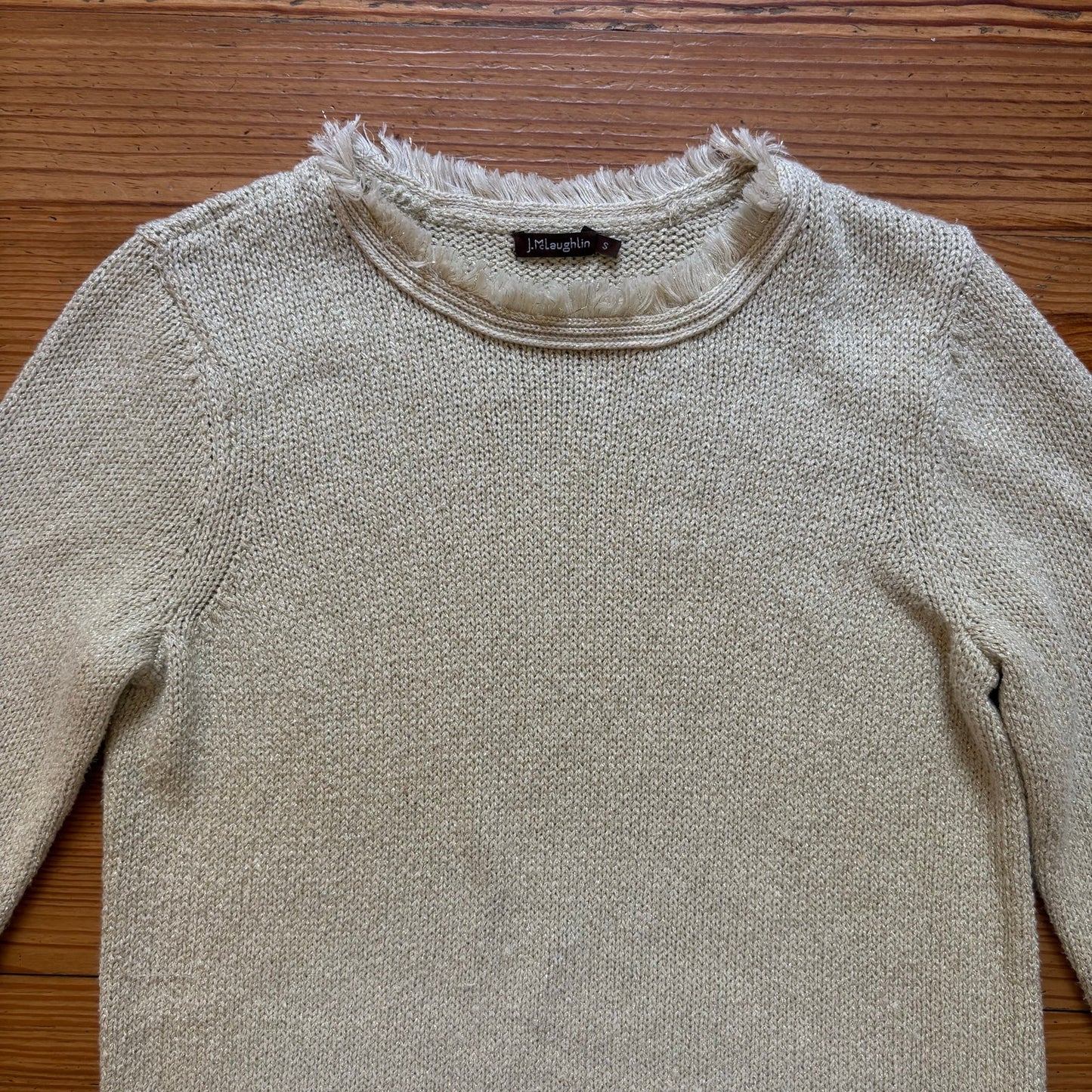 J. McLaughlin gold threaded tan tassel hem crew knit sweater SIZE S