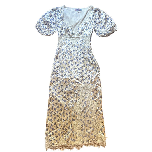 Urban Outfitters blue floral lace puff cottage romantic midi dress SIZE XS
