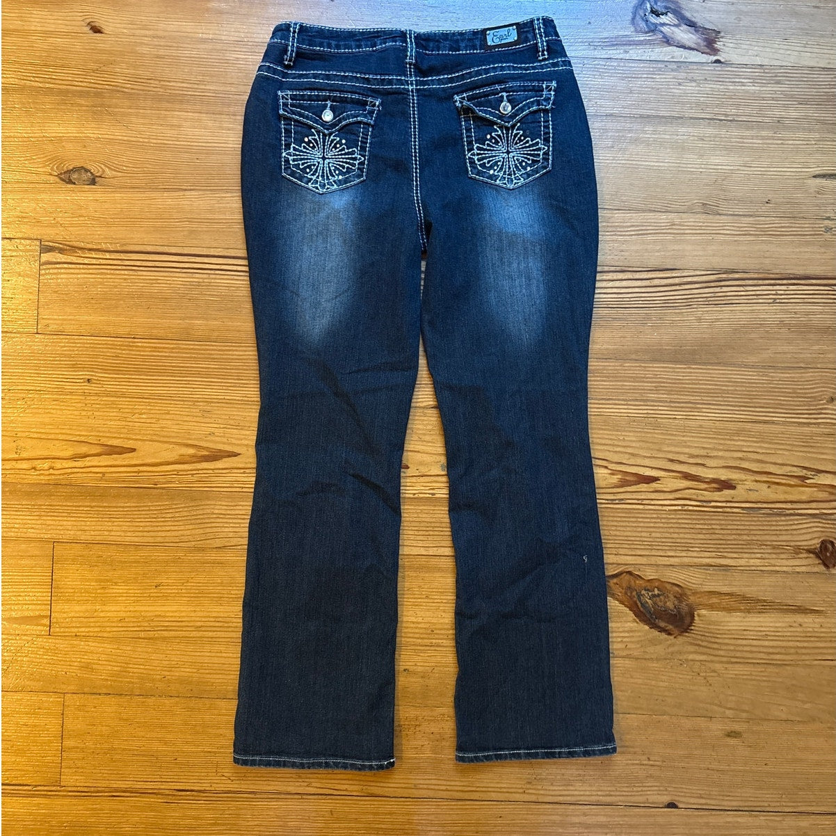 Earl Jean dark wash embroidered jeweled pocket boot cut mid rise jeans SIZE 12