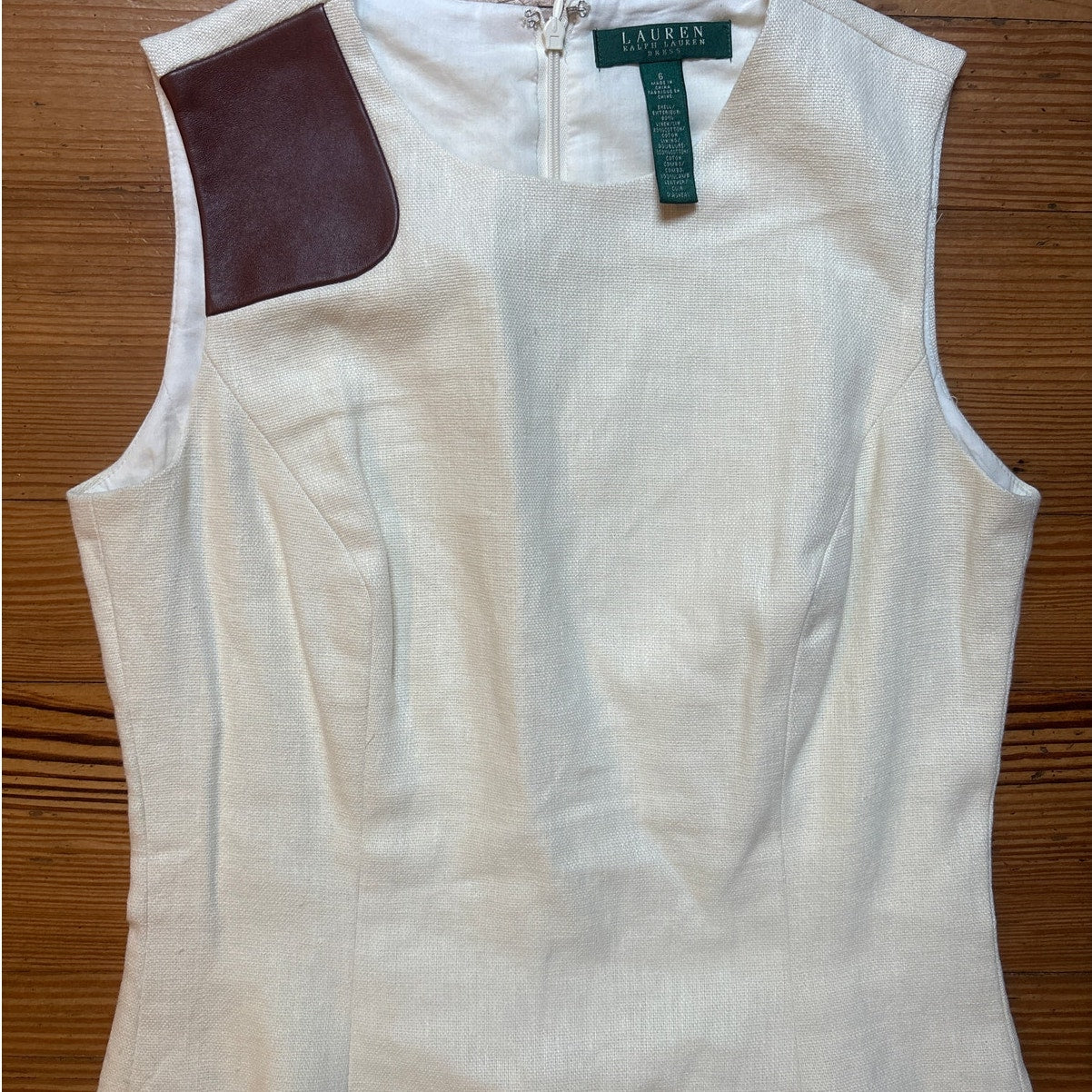 Ralph Lauren off white linen blend leather accent sleeveless midi dress SIZE 6