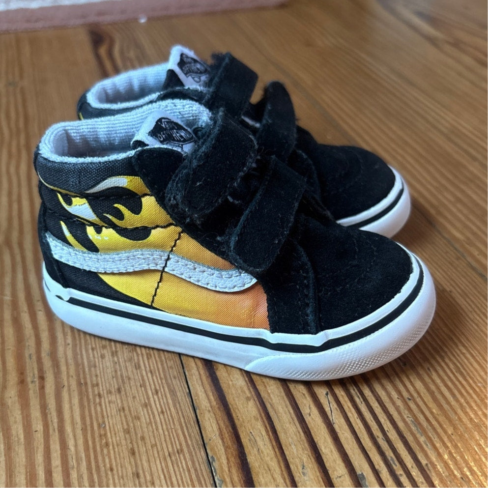 VANS black suede red orange flame high top velkro sneakers SIZE 5