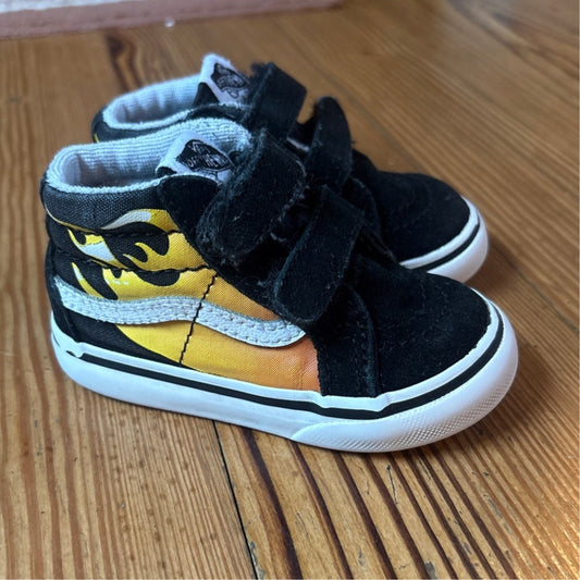 VANS black suede red orange flame high top velkro sneakers SIZE 5