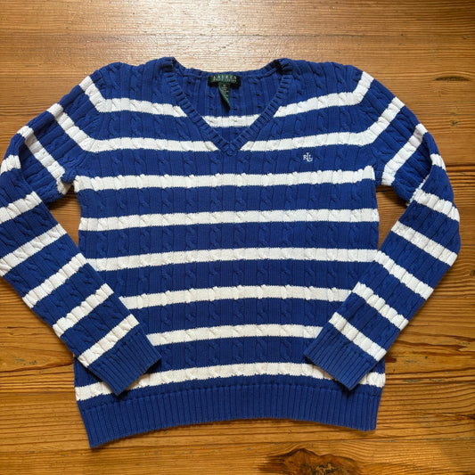 Ralph Lauren navy blue white striped cable knit v neck sweater SIZE M