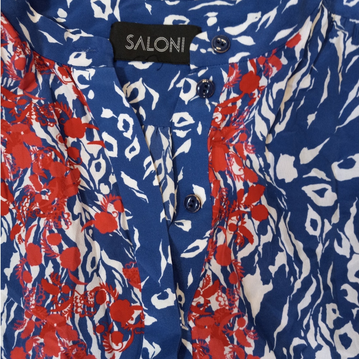 Saloni blue pattern silk drop waist sleeveless button dress SIZE L