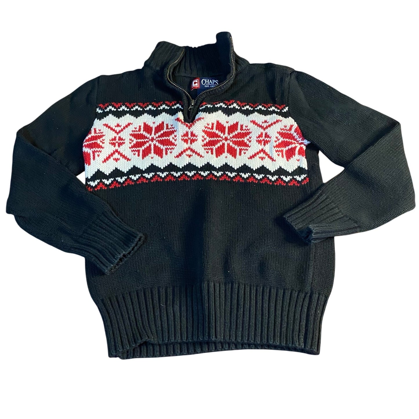 Chaps black knit quarter zip red winter snowflake youth sweater SIZE S
