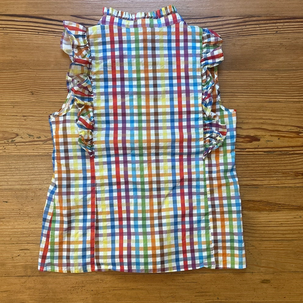 LaRoque Original sleeveless colorful check button ruffle neckline blouse SIZE S