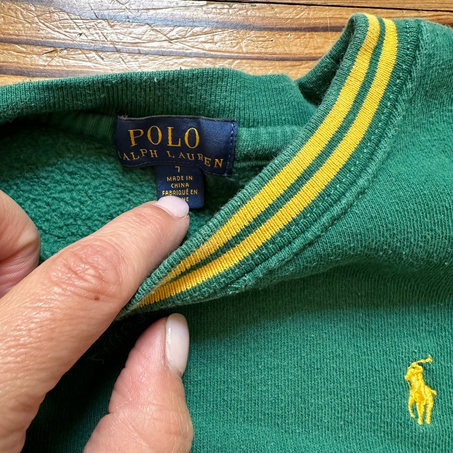 Polo Ralph Lauren green yellow lined hem crew sweatshirt SIZE 7