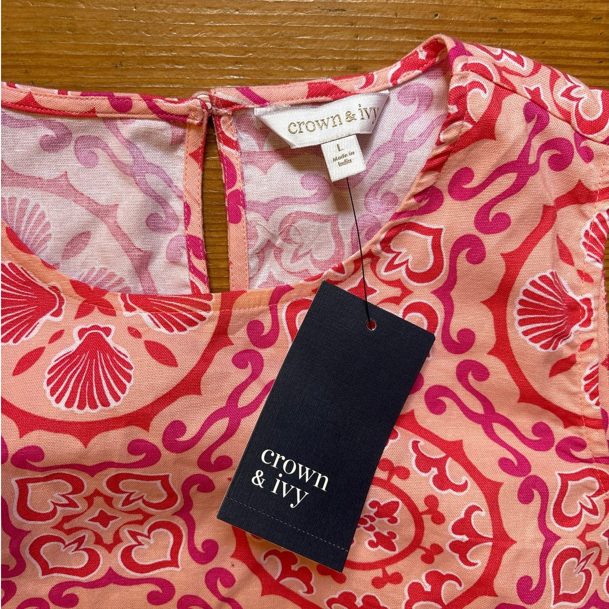 Crown & Ivy pink coastal seashell sleeveless cotton dress SIZE L
