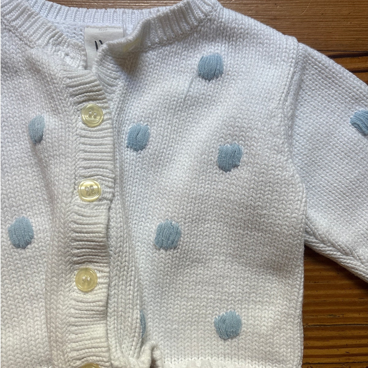 Mullins Square Kids 90s white blue polka dot knit cardigan sweater SIZE 6-12M