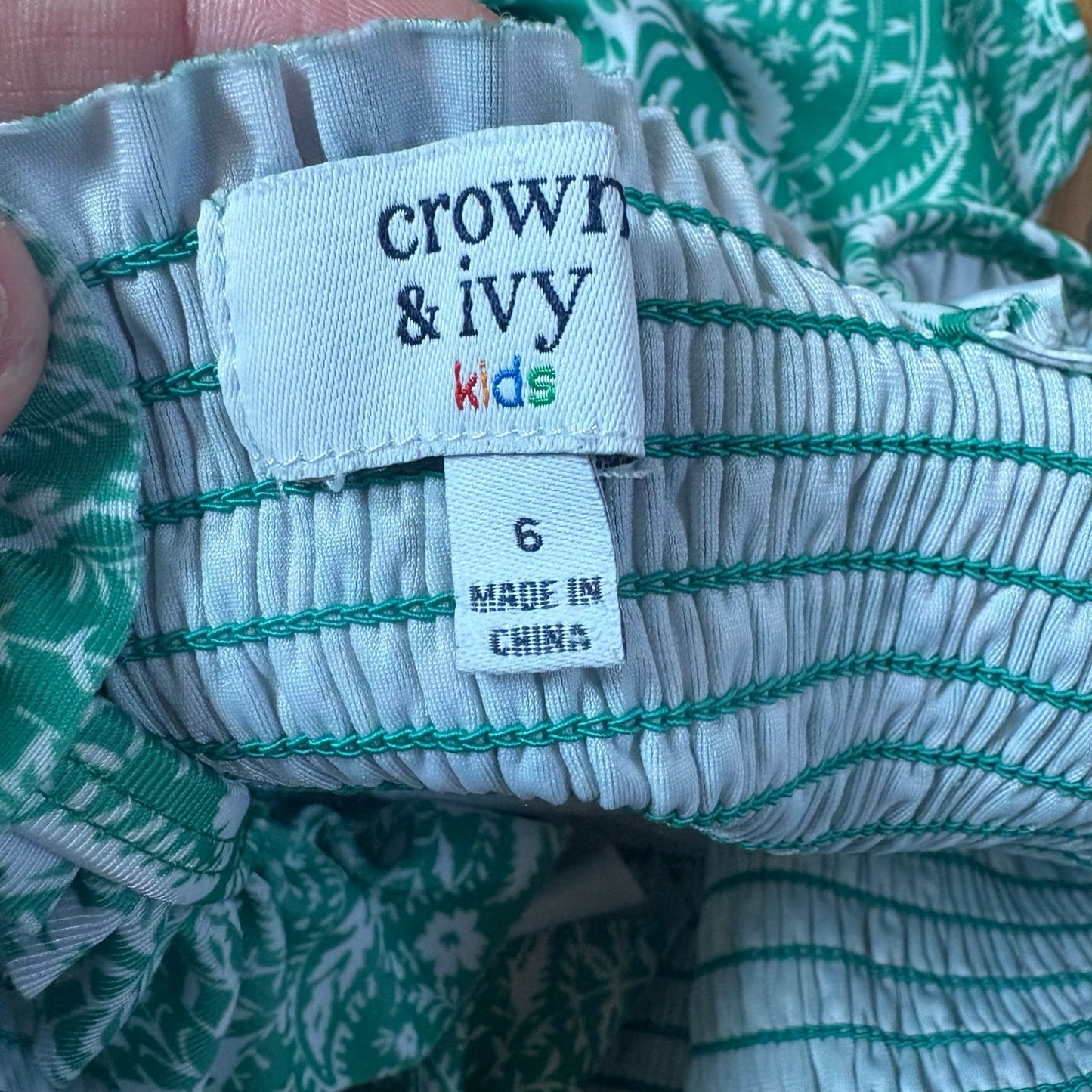 Crown & Ivy green white smocked ruffle strap swimsuit SIZE 6