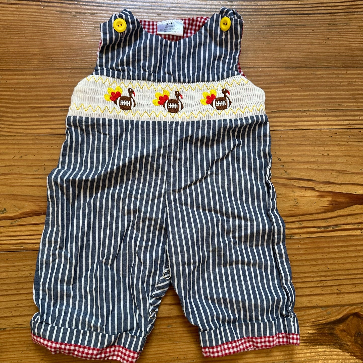 Blue white striped turkey football smocked overall one piece SIZE 3M