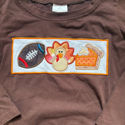 Thanksgiving brown football turkey pie embroidered long sleeve shirt SIZE 4T