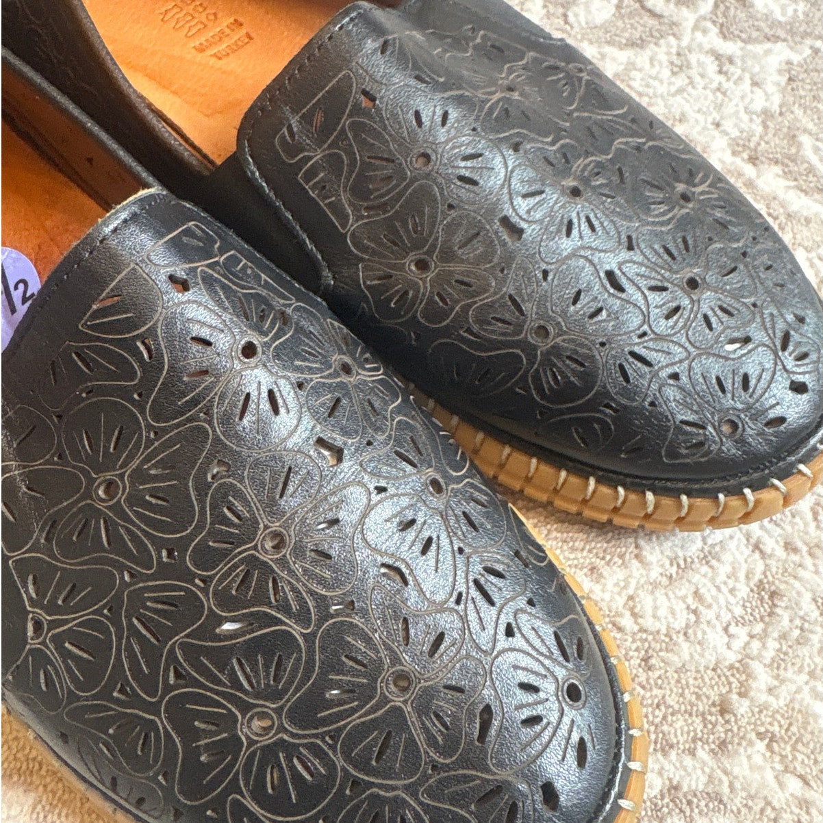 Spring Step Jookie leather slip on floral laser-cut rubber sole shoes SIZE 8.5