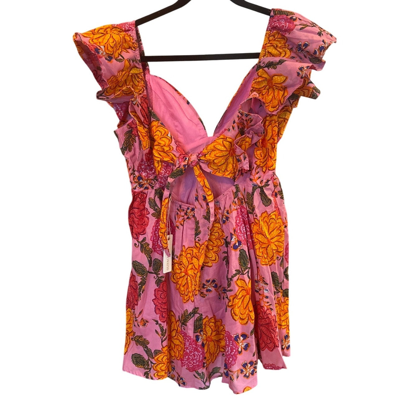 NWT Olivaceous pink floral ruffle oprn back fit flare mini dress SIZE L