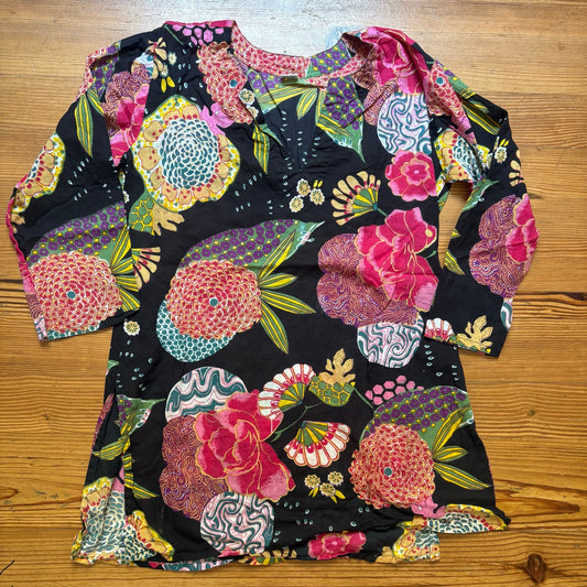 Black floral cotton plunge neckline long sleeve tunic shirt SIZE L
