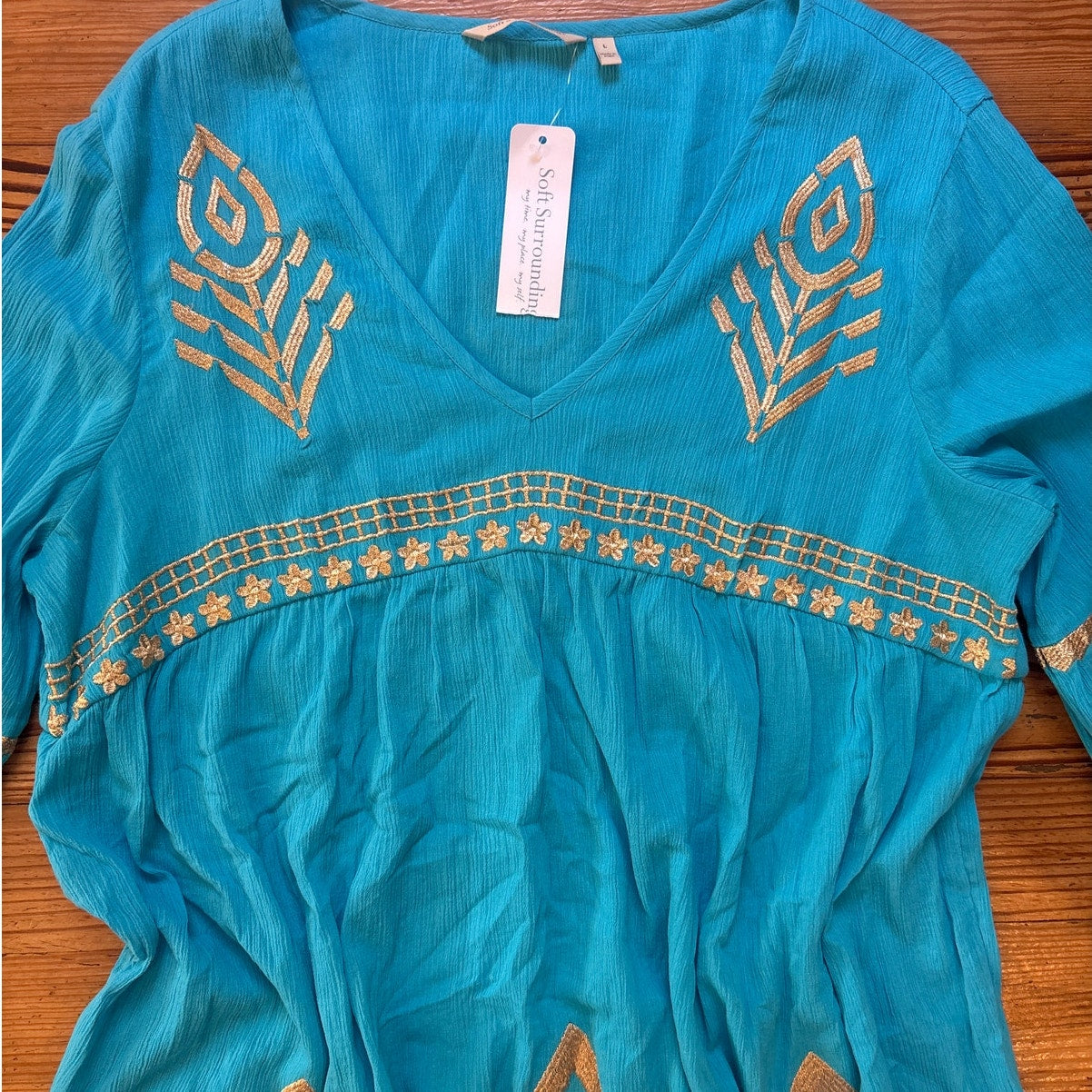 NWT Soft Surroundings Zaneta turquoise blue gold embroidered dress SIZE L