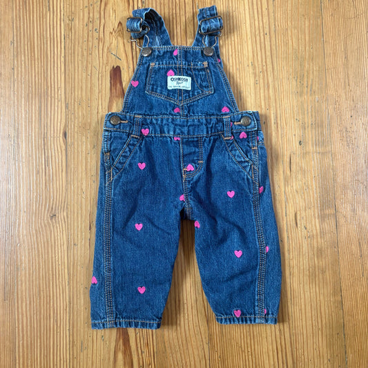 OshKosh B'gosh blue jean pink heart embroidered baby overalls SIZE 6M