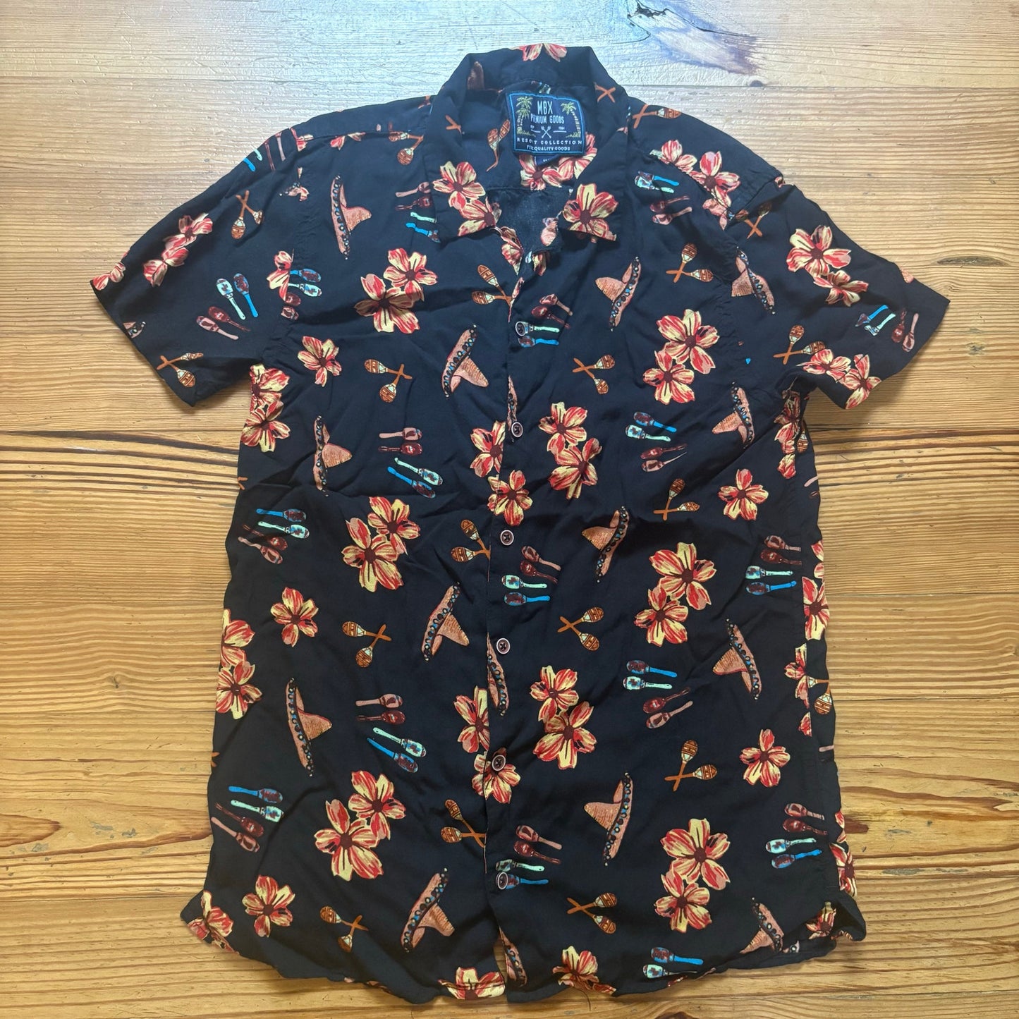 MBX black Mexican graphic short sleeve button up mens shirt SIZE M