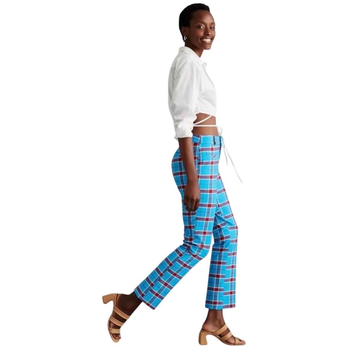 Anthropologie blue teal red plaid slim kick flare cropped trouser pants SIZE 10